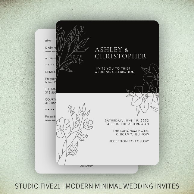 Invitation Mariage tout-en-un minimal en feuillage noir (Créateur téléchargé)