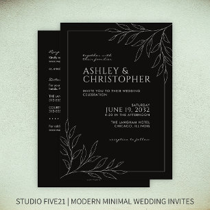 Invitation Mariage tout-en-un moderne en feuillage noir