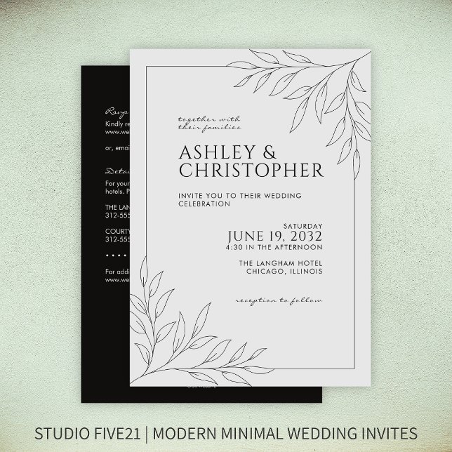 Invitation Mariage tout-en-un moderne en feuillage noir (Créateur téléchargé)