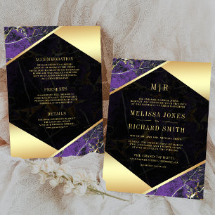 Invitation Mariage Tout en Un Monogramme de Marbre Or Pourpre