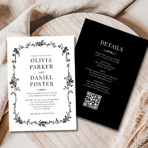 Invitation Mariage Tout en Un Noir Blanc Victorien Français 