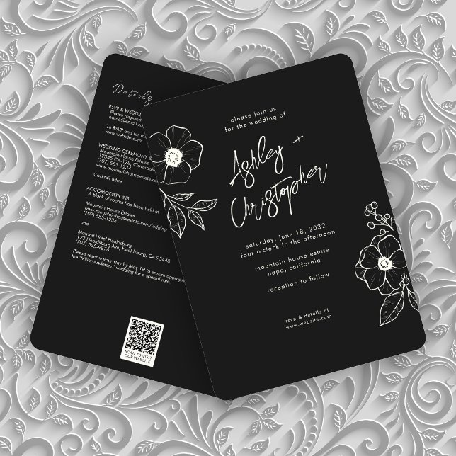 Invitation Mariage tout-en-un noir floral minimal (Créateur téléchargé)