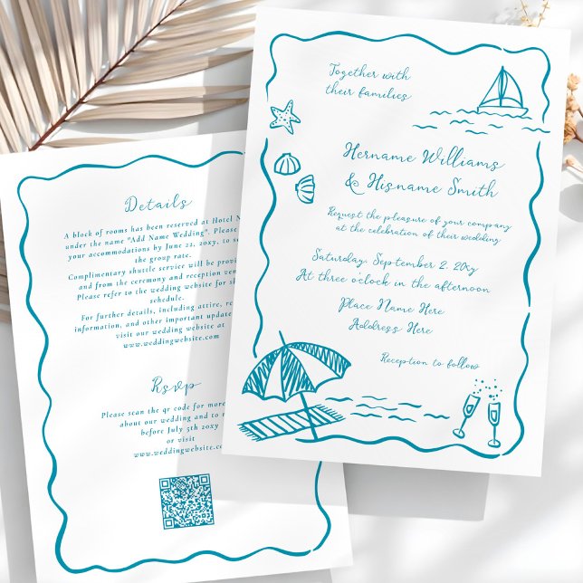 Invitation Mariage tout-en-un QR RSVP à main de plage (Créateur téléchargé)