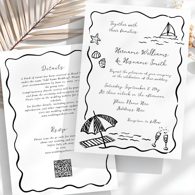 Invitation Mariage tout-en-un QR RSVP noir de plage (Créateur téléchargé)