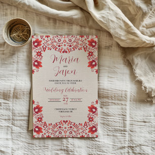 Invitation Mariage Traditionnel d'Art Populaire Floral Rouge