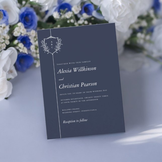Invitation Mariage traditionnel de crête blanche bleu marine (navy blue with white text crest wedding invitation , simple stylish wedding , tie the knot in style )