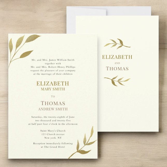 Invitation Mariage traditionnel élégant en ivoire et or (traditional text modern minimal gold and ivory wedding invitation 
)