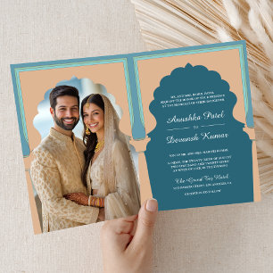 Invitation Mariage traditionnel indien avec photo d'arc bleu