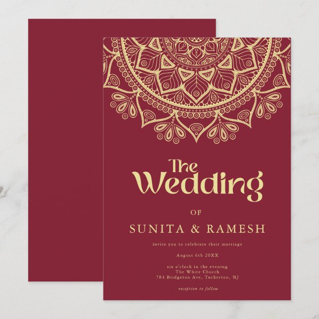 Invitation Mariage traditionnel indien rouge Mandala d'or (Devant / Derrière)