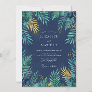 Invitation Mariage tropical à la paume d'eucalyptus de minuit