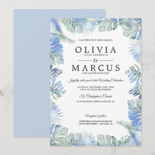 Invitation Mariage tropical Aquarelle Feuilles Bleu Vert
