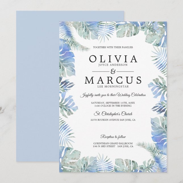Invitation Mariage tropical Aquarelle Feuilles Bleu Vert (Devant / Derrière)