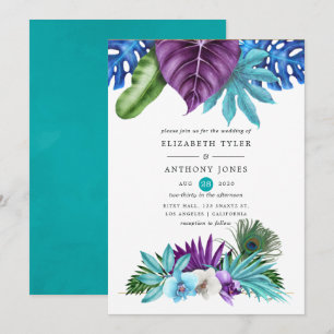 Invitation Mariage tropical aux orchidées aquarelle et paon