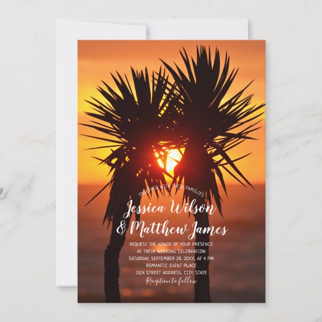 Invitation Mariage Tropical Beach Palm Tree Ocean Sunset (Devant)