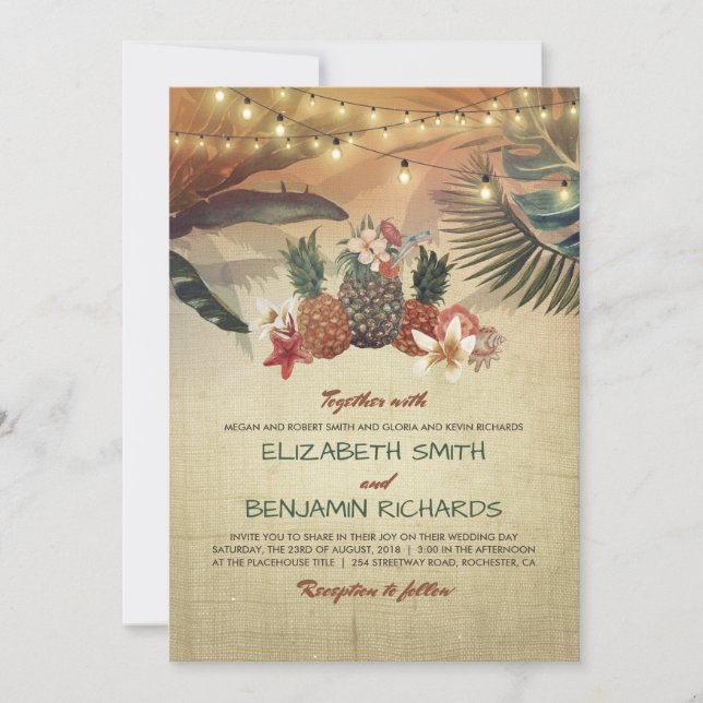 Invitation Mariage Tropical Beach Palms and Pineappy (Devant)