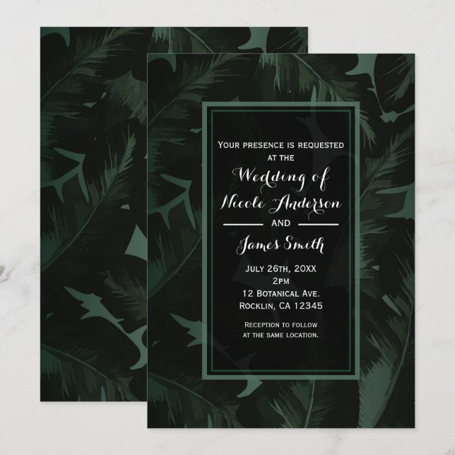 Invitation Mariage tropical chic vert et noir avec feuilles (Devant / Derrière)