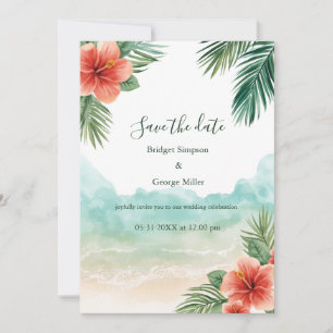 Invitation Mariage tropical côtier à Hawaï avec hibiscus de p