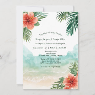 Invitation Mariage tropical côtier à Hawaï avec hibiscus de p