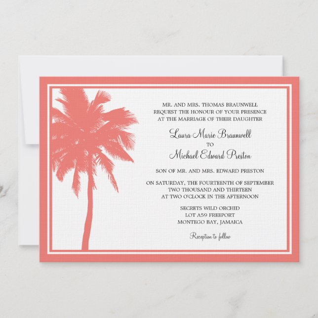 Invitation Mariage tropical de Coral Palm Tree (Devant)