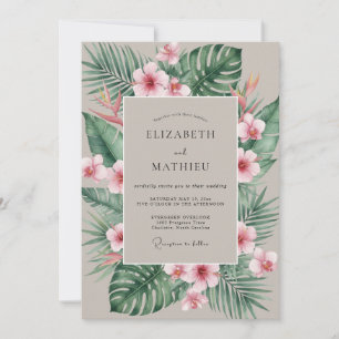 Invitation Mariage Tropical Eucalyptus Hibiscus Corail