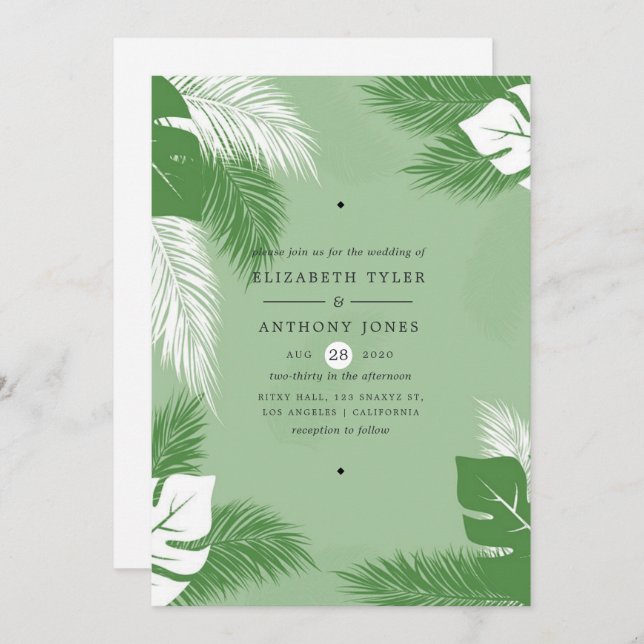 Invitation Mariage tropical exotique Feuille vert et blanc (Devant / Derrière)