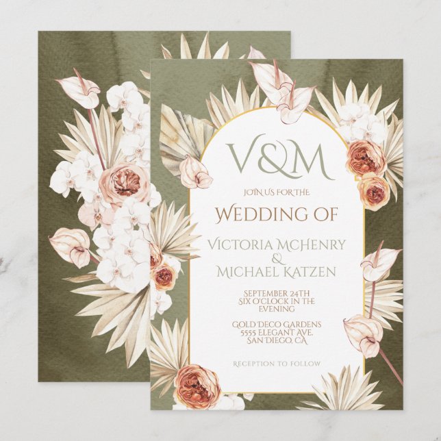 Invitation Mariage Tropical Feuille en Terracotta & Khaki Pal (Devant / Derrière)
