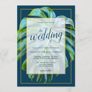Invitation Mariage Tropical Feuille Monstera bleu foncé or