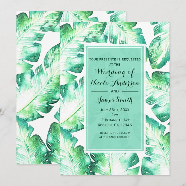 Invitation Mariage Tropical Feuilles Vertes et Blanches de Be (Devant / Derrière)