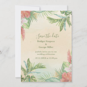 Invitation Mariage tropical floral aquarelle beige Hawaï