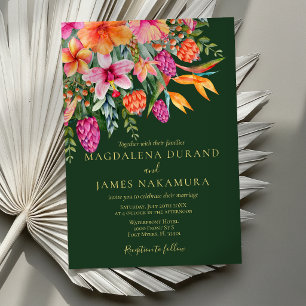 Invitation Mariage Tropical Floral Rose Orange Vert Coloré