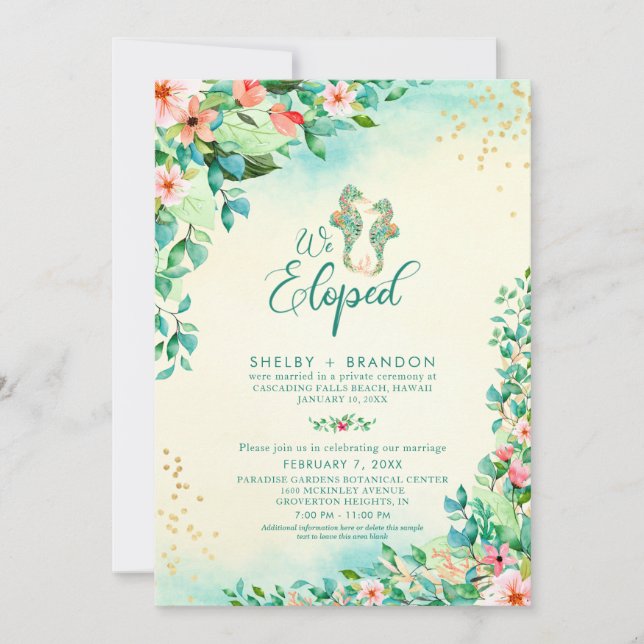 Invitation Mariage Tropical Fuite Réception Fleurs Hippocampe (Devant)