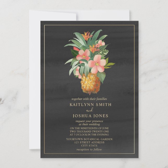 Invitation Mariage tropical gris ananas floral (Devant)
