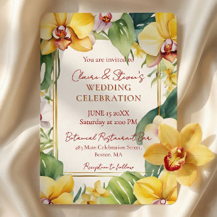 Invitation Mariage Tropical Jaune Orchidée et Feuillage Doré