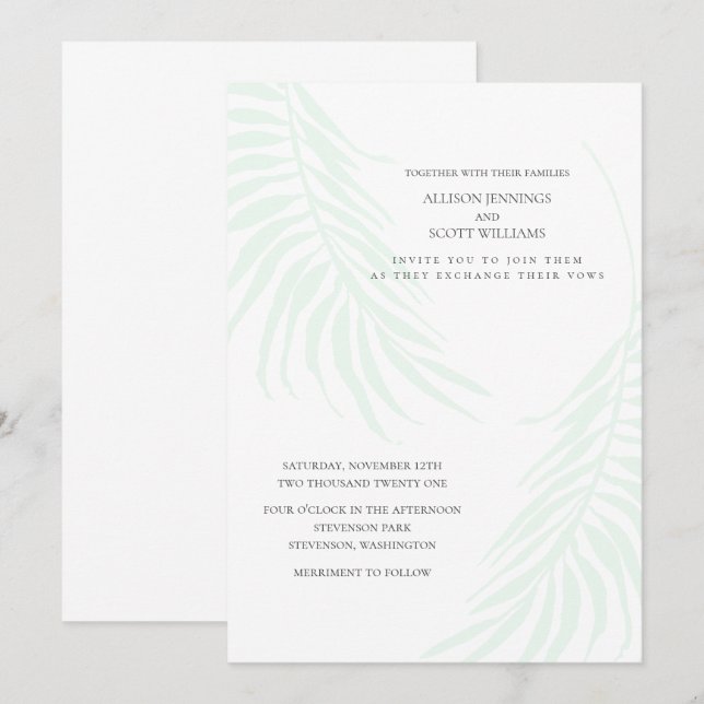 Invitation Mariage tropical minimal vert et blanc chic (Devant / Derrière)