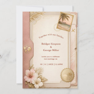Invitation Mariage Tropical Passeport en Rose Doré