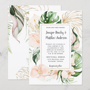 Invitation Mariage Tropical Pink Floral Gold Frame