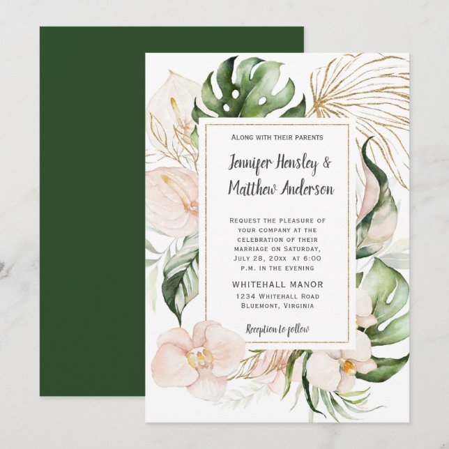 Invitation Mariage Tropical Pink Floral Gold Frame (Devant / Derrière)