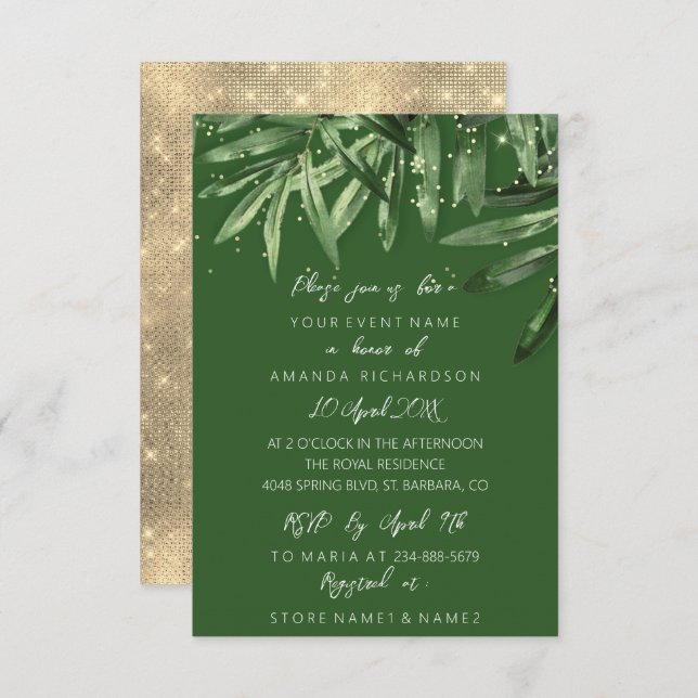 Invitation Mariage Tropical Sage Vert Or Élégant  (Devant / Derrière)