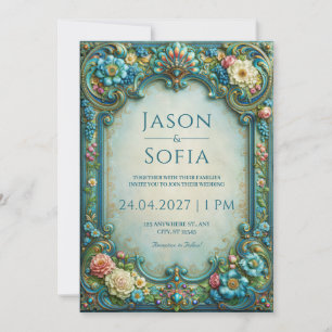Invitation Mariage Turquoise à Motifs Floraux et Filigrane