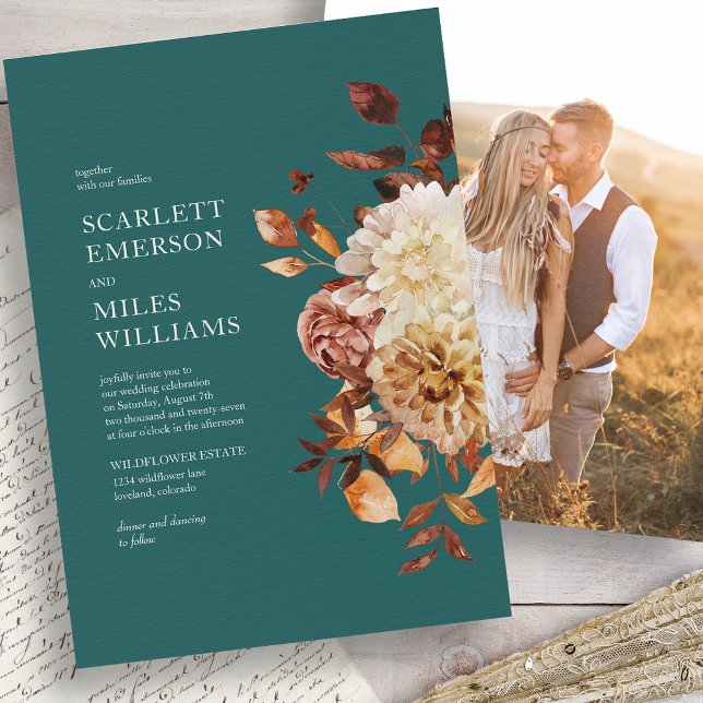 Invitation Mariage Turquoise Automne (Fall Teal Floral Photo Wedding Invitation by Painted Paperie
)