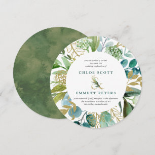 Invitation Mariage turquoise Bleu et Or Botanique Rond