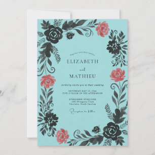 Invitation Mariage Turquoise Corail Feuillu