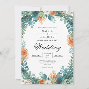 Invitation Mariage turquoise de couronnes florales orange