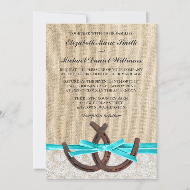 Invitation Mariage turquoise en fer à cheval de ruban de (Devant)