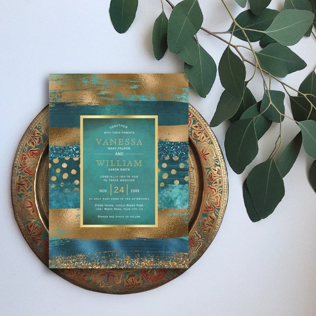 Invitation Mariage turquoise et bracelets or et confetti (Créateur téléchargé)