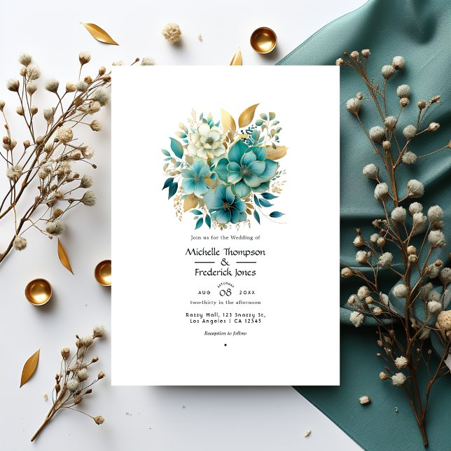 Invitation Mariage turquoise et or Floral (Créateur téléchargé)