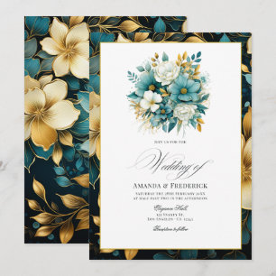 Invitation Mariage turquoise et or Floral