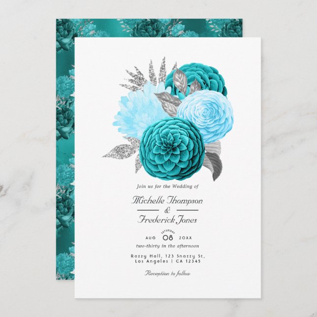 Invitation Mariage turquoise et Silver Floral (Devant / Derrière)