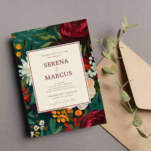 Invitation Mariage Turquoise floral peint bleu foncé bordeaux