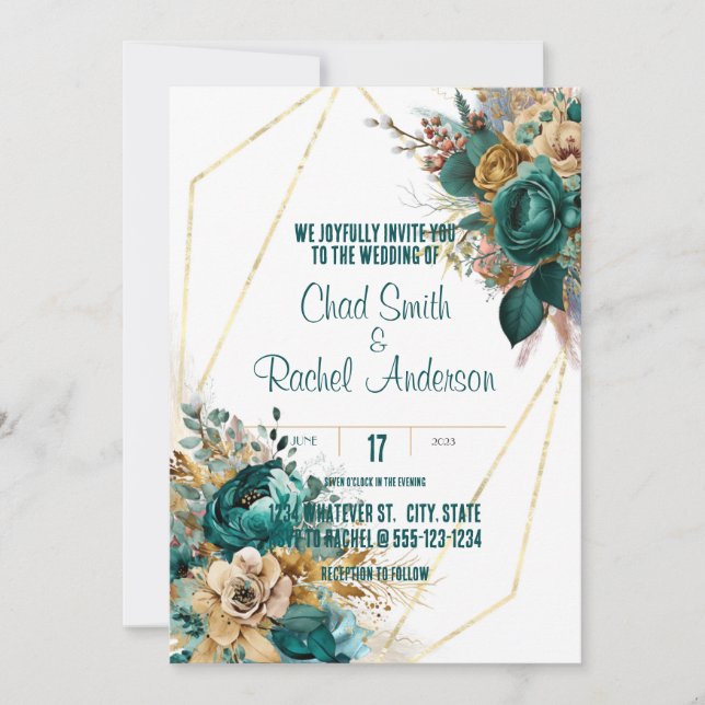 Invitation Mariage turquoise & Gold personnalisé (Devant)